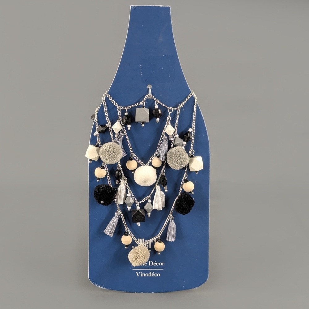 Pier 1 Imports Vinodeco Bottle Decor Pom Pom Tassel Bead Silver Tone Chain